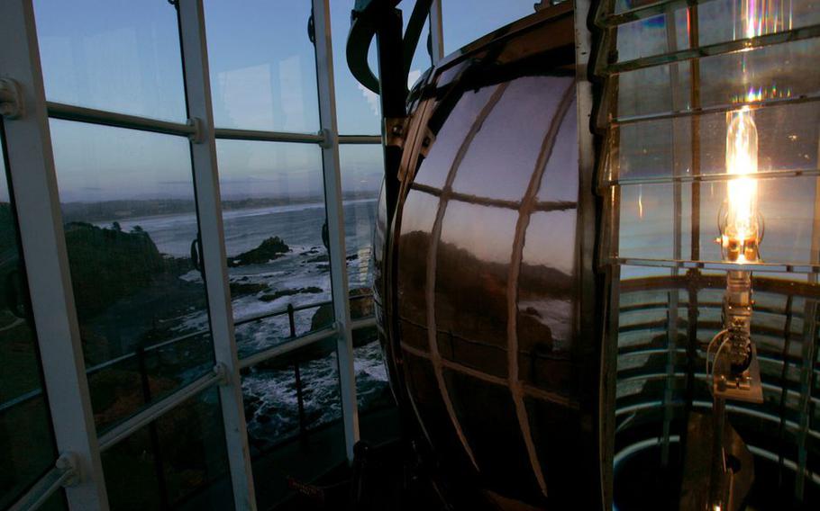 The Fresnel lens in 2007 inside the light tower looking south.