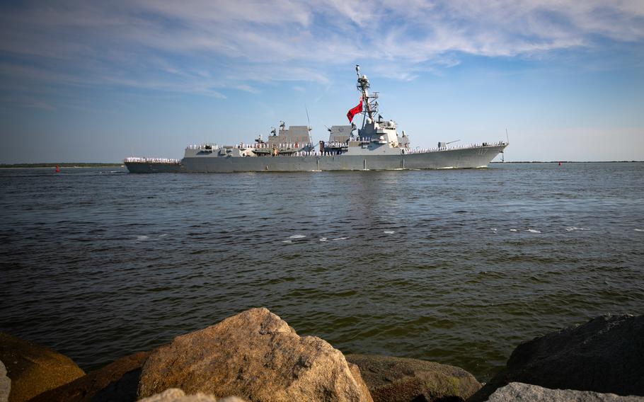 The destroyer USS Paul Ignatius departs Naval Station Mayport, Fla., April 27, 2022.  Paul Ignatius is shifting its homeport from Mayport to Naval Station Rota, Spain.