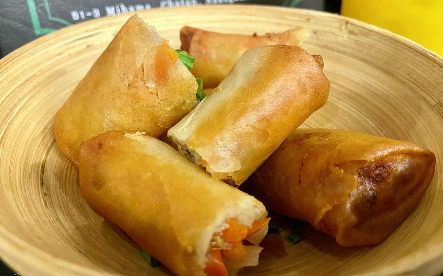 A side of fried spring rolls from PasaThai Nang’s Kitchen on Okinawa. 