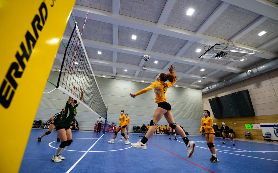 Stuttgart’s Sofia Gentile jumps for the ball during a play against the SHAPE Spartans amid the DODEA-Europe Division I Volleyball Tournament at Ramstein Air Base, Germany, Oct. 29, 2021.