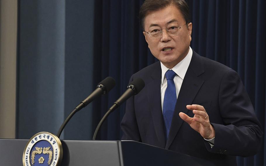 South Korean President Moon Jae-in speaks at the presidential Blue House on May 10, 2020, in Seoul, South Korea. (Kim Min-Hee/Pool/Getty Images/TNS)