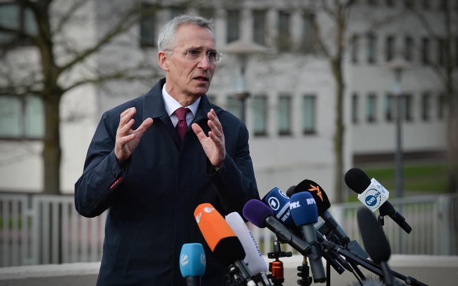 NATO Secretary-General Jens Stoltenberg gives opening remarks on military cooperation during the Ukraine Defense Contact Group meeting April 21, 2023, at Ramstein Air Base in Germany. Stoltenberg said that while alliance members generally agree on NATO membership, the fight against Russian aggression first has to be won on the battlefield.