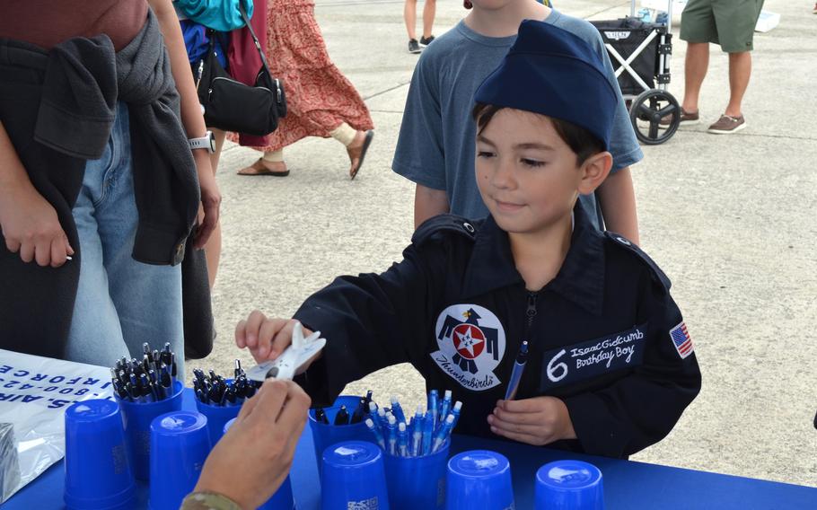 Isaac Gidcumb, whose father serves in the Air Force, received a special airplane from Air Force recruiters as he celebrated his 6th birthday at The Great Texas Airshow at Joint Base San Antonio-Randolph Air Force Base.