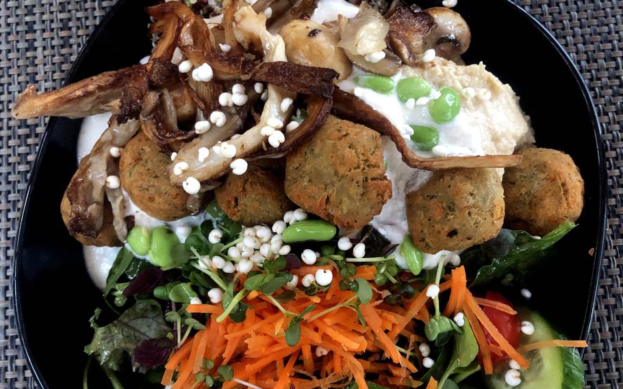 The vegan falafel bowl was full of hummus, arugula, edamame, quinoa, cucumber, mushrooms, carrots and a mint sauce. While the texture of the falafel was a bit unusual, the bowl was delicious and filling.