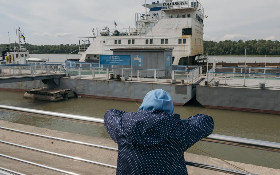 The Izmailskaya hopper barge moored at the Izmail Sea Commercial Port in the waters of the Kiliia River estuary of the Danube in Izmail, Ukraine, on May 7, 2022.