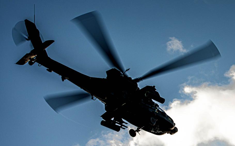 A U.S. AH-64 Apache helicopter on a mission March 15, 2023. A U.S. helicopter raid in Syria targeting an Islamic State senior leader killed at least two people, U.S. Central Command said in a statement April 17, 2023.