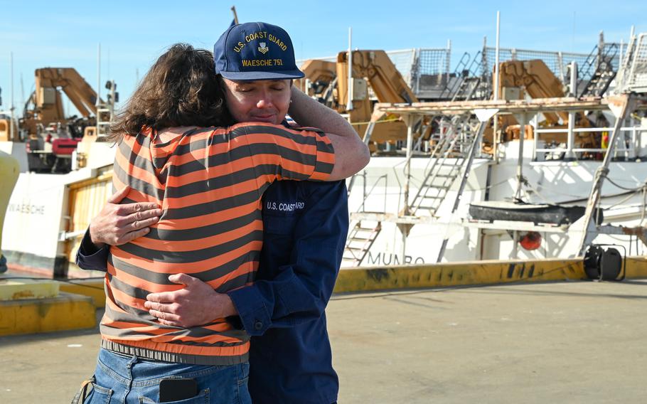 Family and friends celebrate as the U.S. Coast Guard Cutter Waesche (WMSL 751) crew returns to homeport in Alameda, Calif., Dec. 9, 2023.