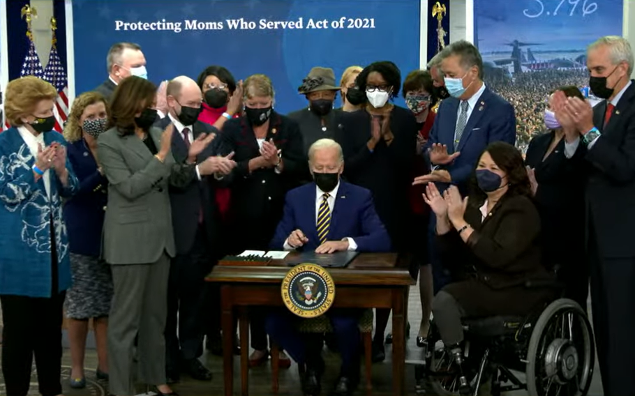 President Joe Biden signs four bills into law Tuesday, Nov. 30, 2021, that affect veterans. One new law will invest $15 million to improve maternal health care for female veterans. 