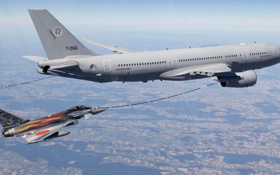 A German air force Eurofighter nicknamed Air Ambassador refuels on an Airbus A330 of the Multinational Multirole Tanker Transport Unit. The jet is assigned to Tactical Air Force Squadron 74 from Neuburg, Germany.
