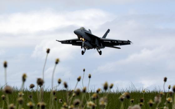 A military fighter jet descends above a grassy field to land with cloudy blue sky behind it.