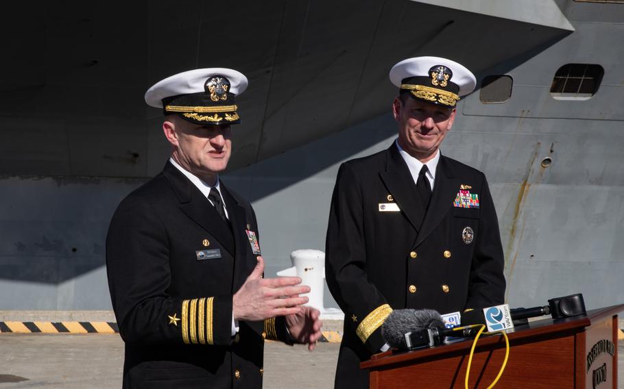 Commanding Officer of the USS Gerald R. Ford Capt. Rick Burgess and Rear Adm. Erik Eslich, commander, Carrier Strike Group 12, give a press conference upon returning from the ship’s eight-month maiden deployment, Wednesday, Jan. 17, 2024.