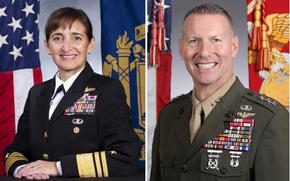 Official military headshots of Vice Adm. Yvette Davids, left, and Marine Corps Lt. Gen. Michael Borgschulte. Both are smiling, wearing dress uniforms with U.S. flags behind them.