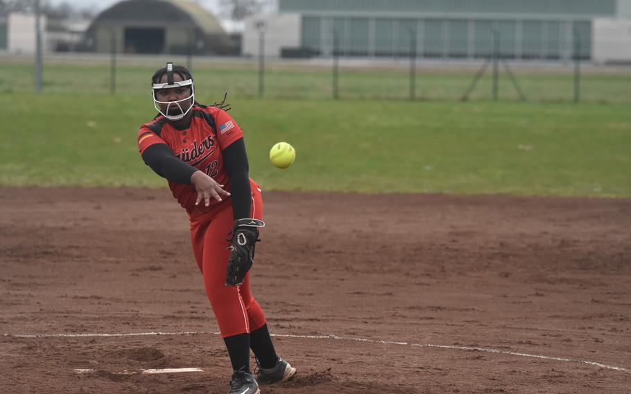 Senior Bev Clearke throws a pitch during the season opener in Wiesbaden, Germany on March 16, 2024. Clearke also scored the winning run in game two of the matchup.