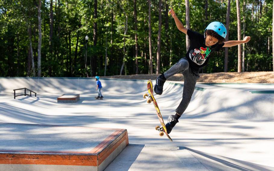 A child skateboards in an Irmo, S.C., skate park. 
