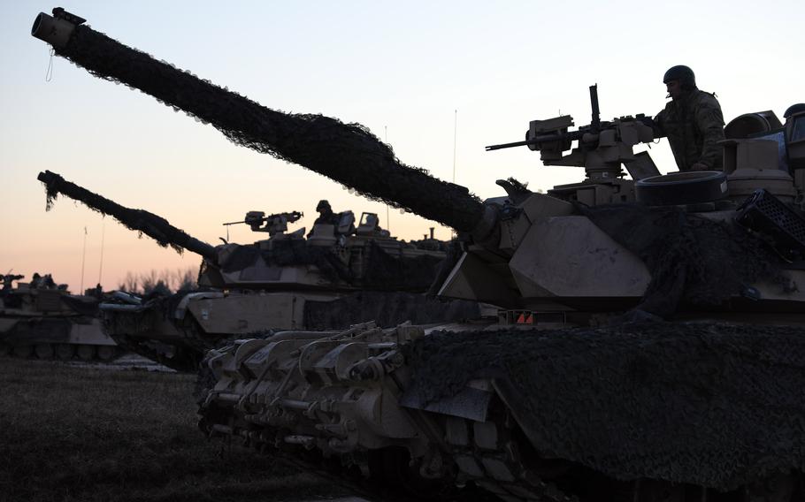M1A2 Tanks in formation.