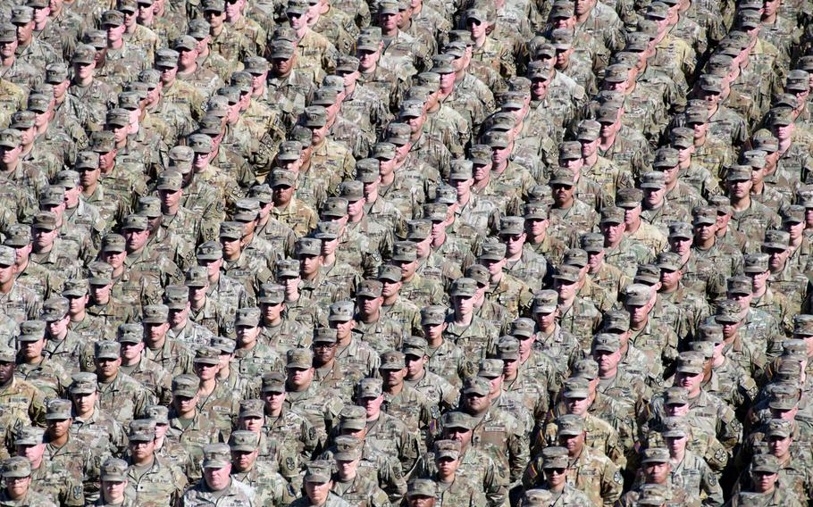 Arizona Army National Guard soldiers stand in formation Dec. 3, 2023, in Mesa, Ariz. A recent study by the Institute for Defense Analyses found that there is no evidence to support the notion that violent extremism is widespread in the U.S. military, though extremism may be rising among veterans.