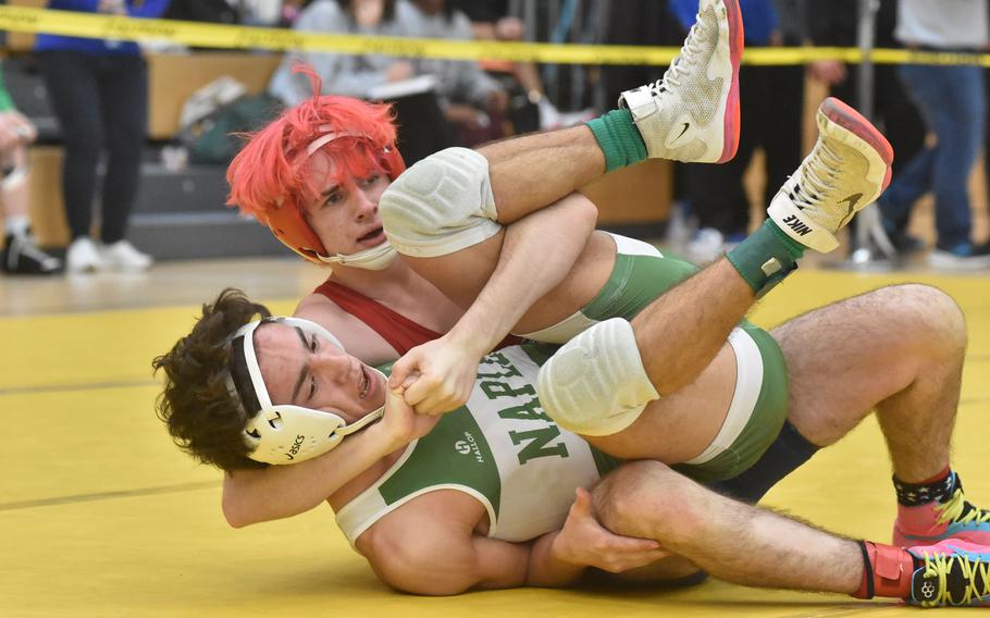 Lakenheath’s Kahle Zerbe defeated Naples’ AJ Lopez at 138 pounds Friday, Feb. 9, 2024, at the DODEA European Wrestling Championships in Wiesbaden, Germany.