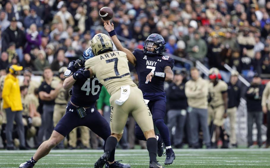 Navy quarterback Xavier Arline throws against Army during the first quarter of an NCAA football game at Gillette Stadium Saturday, Dec. 9, 2023, in Foxborough, Mass. 