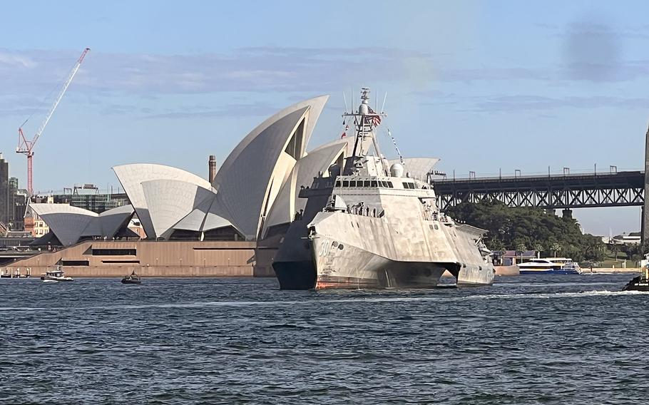 The USS Canberra, an Independence-class littoral combat ship, arrives at Sydney Harbor in Australia, July 18, 2023, ahead of its commissioning. 