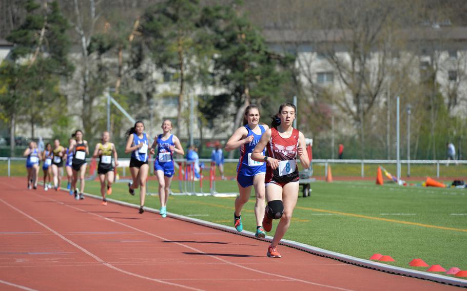 Piper Parsells of the Kaiserslautern Raiders pulls away from the pack during the 800-meter run at the Kaiserslautern Track and Field Invitational on Saturday, April 16, 2022, in Kaiserslautern, Germany. 
