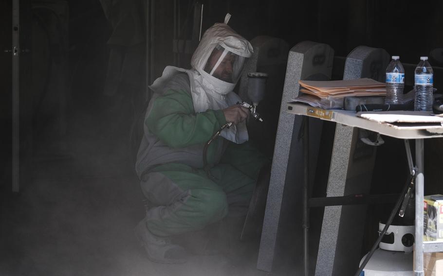Johnson uses a blaster as part of the process. 