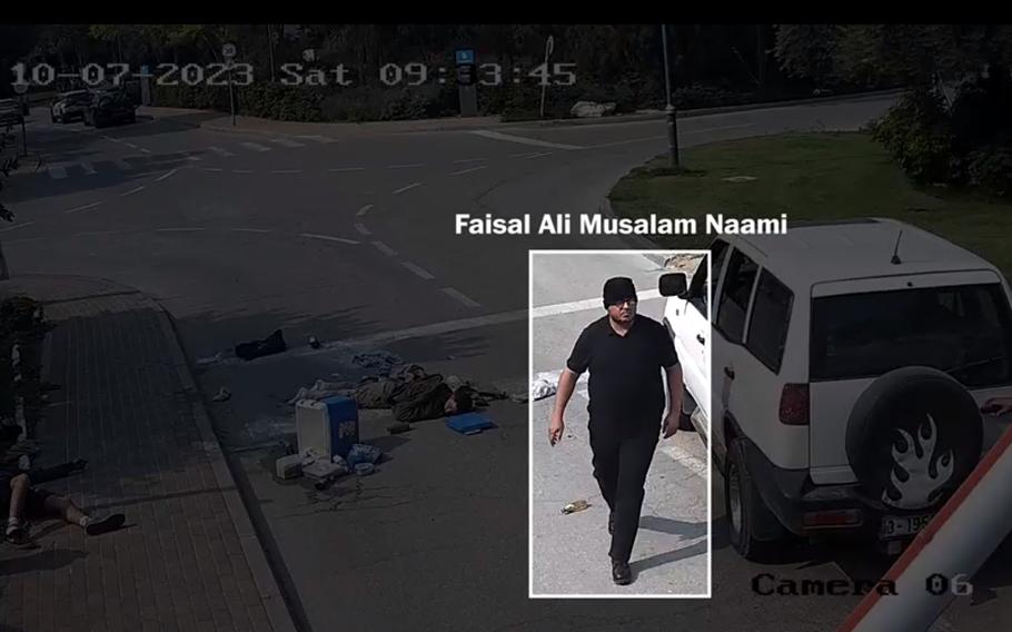 A video screen grab shows a man identified as Faisal Ali Musalam Naami, whom Israel alleges is a United Nations Relief and Works Agency member seen Oct. 7, 2023, just before picking up the limp body of an Israeli man who had been shot at Kibbutz Beeri, stuffing it in the back of a vehicle and driving off with the body..