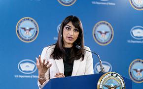 Deputy Pentagon Press Secretary Sabrina Singh speaks during a briefing at the Pentagon in Washington, Thursday, May 18, 2023.