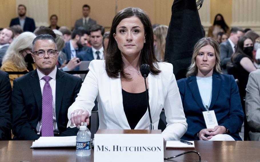 Cassidy Hutchinson, top former aide to Trump White House chief of staff Mark Meadows, appears before the House select committee investigating the Jan. 6 attack on the U.S. Capitol on June 28, 2022. 