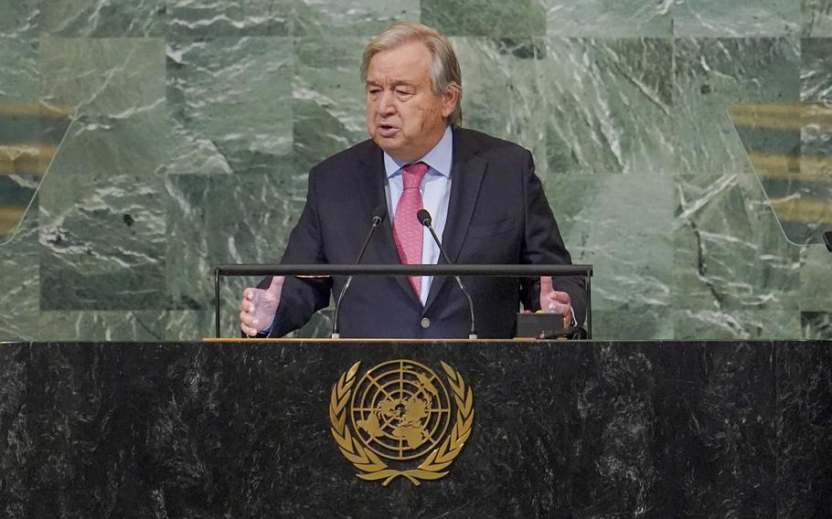 United Nations Secretary-General Antonio Guterres addresses the 77th session of the General Assembly at U.N. headquarters Tuesday, Sept. 20, 2022. (AP Photo/Mary Altaffer)