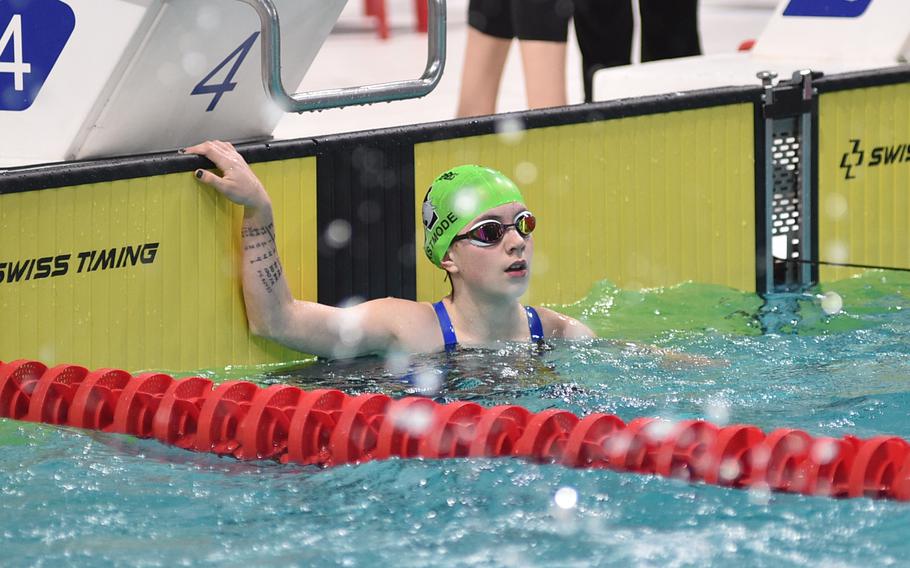 Avery DeBoer of Naples looks back at the clock after finishing the 10-year-old girls 100-meter freestyle race on Sunday during the European Forces Swim League Short Distance Championships at the Pieter van den Hoogenband Zwemstadion at the Zwemcentrum de Tongelreep in Eindhoven, Netherlands. DeBoer won the won with a time of 31.24 seconds.