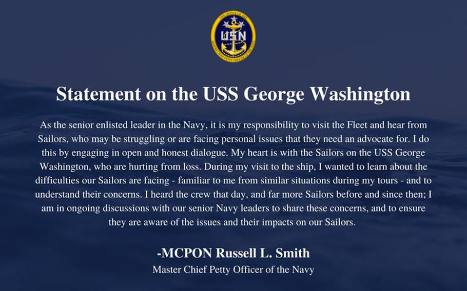 Master Chief Petty Officer of the Navy Russell Smith released an official statement April 25, 2022, after comments he made to the crew of the USS George Washington. The carrier has been in dry dock undergoing maintenance since 2017, and three of its sailors recently died by suicide just days apart.