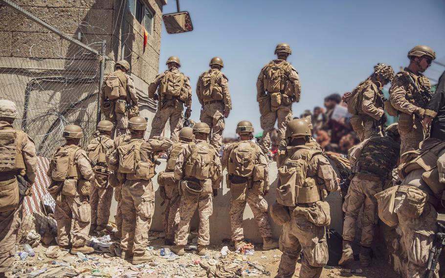 U.S. Marines during an evacuation at Hamid Karzai International Airport in Kabul. 