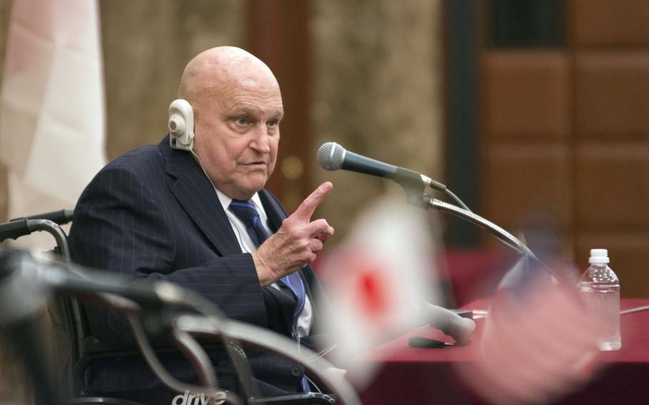 Former Deputy Secretary of State Richard Armitage speaks at Japan National Press Club in Tokyo, Thursday, Dec. 1, 2022.