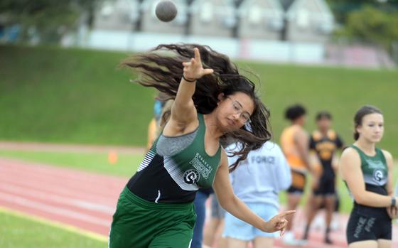 Kubasaki's Lusia "Hopper" Tuigamala won the girls shot put with a throw of 8 meters during Friday's Okinawa track and field meet.
