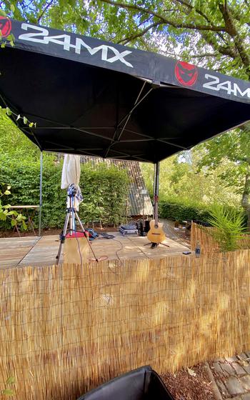 A band is set up to play at Loungecafe Lifetime at the Ohmbachsee in Rhineland-Pfalz, Germany.