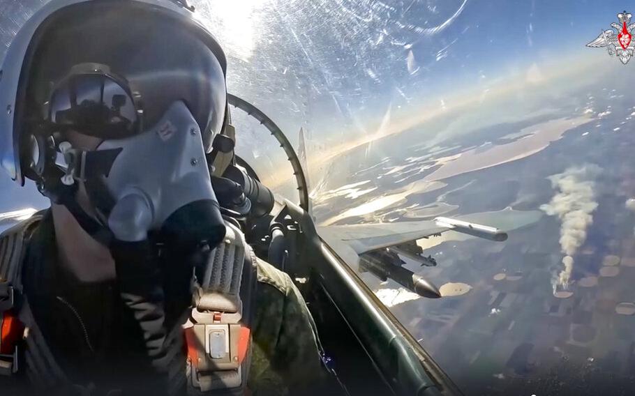 A screen grab from a video released on Wednesday, Nov. 23, 2022, shows a Russian air force pilot in the cockpit of his Su-35 fighter jet on a mission in Ukraine. Six weeks of intense bombing of Ukraine’s energy infrastructure has left the battered nation on the brink of a humanitarian disaster this winter.