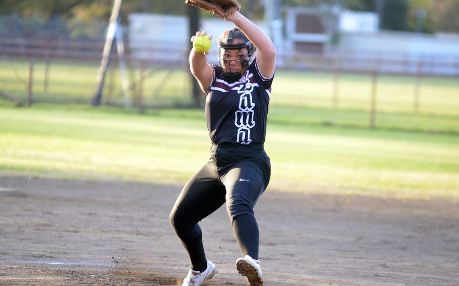 Zama right-hander Deborah McClendon delivers against Yokota during Tuesday’s DODEA-Japan softball game. The Panthers won 15-3.