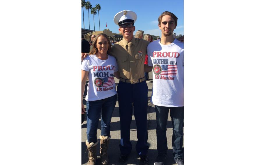 Lance Cpl. Dylan Merola enlisted in the Marine Corps after high school. He is seen here with his mother, Cheryl Rex, and his brother Branden Murrell, who has since enlisted in the Marines himself.