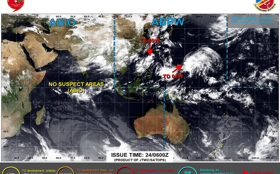 Saola forecast to move in circular pattern northeast of Philippines; 08W still struggling to develop.