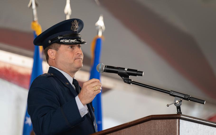 U.S. Air Force Maj. Gen. Phillip A. Stewart, then-19th Air Force commander, gives closing remarks during the 19th Air Force change of command ceremony August 19, 2022, at Joint Base San Antonio-Randolph, Texas.