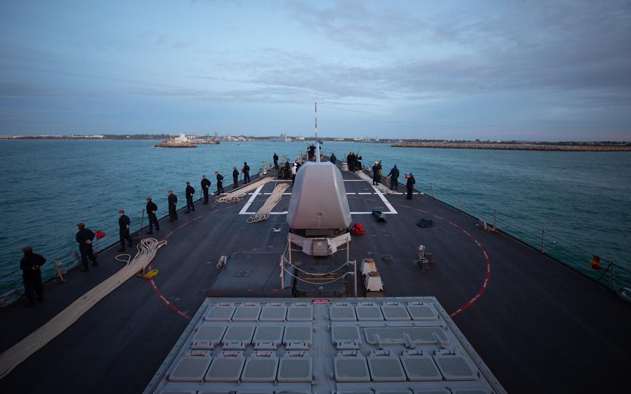 The Arleigh Burke-class guided-missile destroyer USS Laboon (DDG 58) arrives in Rota, Spain, Dec. 8, 2023. On Tuesday, Dec., 26, 2023, the USS Laboon and American fighter jets shot down 12 drones, three anti-ship ballistic missiles and two land-attack cruise missiles in the southern Red Sea that were fired by the Yemen-based Houthis over a 10-hour period.