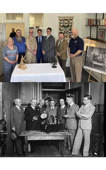 A vertical combination image, with a color-image from the present day on top and a black and white photo on the bottom.