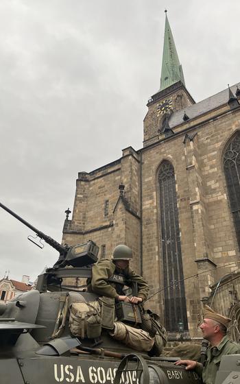 An American tank from World War II once again sits in the shadow of St. Bartholomew's Cathedral in Pilsen, Czech Republic, during the city's annual Liberation Festival on Friday, May 3, 2024. 