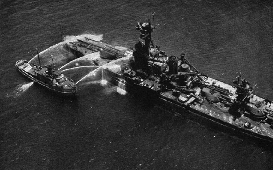 
The USS New York battleship was heavily contaminated during the Baker shot for the atomic bomb test for Operation Crossroads at the Bikini Atoll in the Pacific in 1946. 