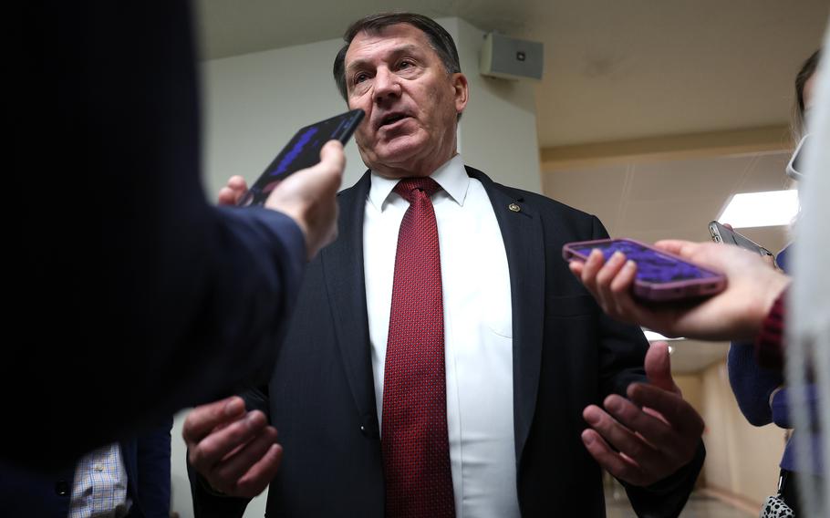 U.S. Sen. Mike Rounds (R-SD) speaks to reporters on Dec. 12, 2023, in Washington.