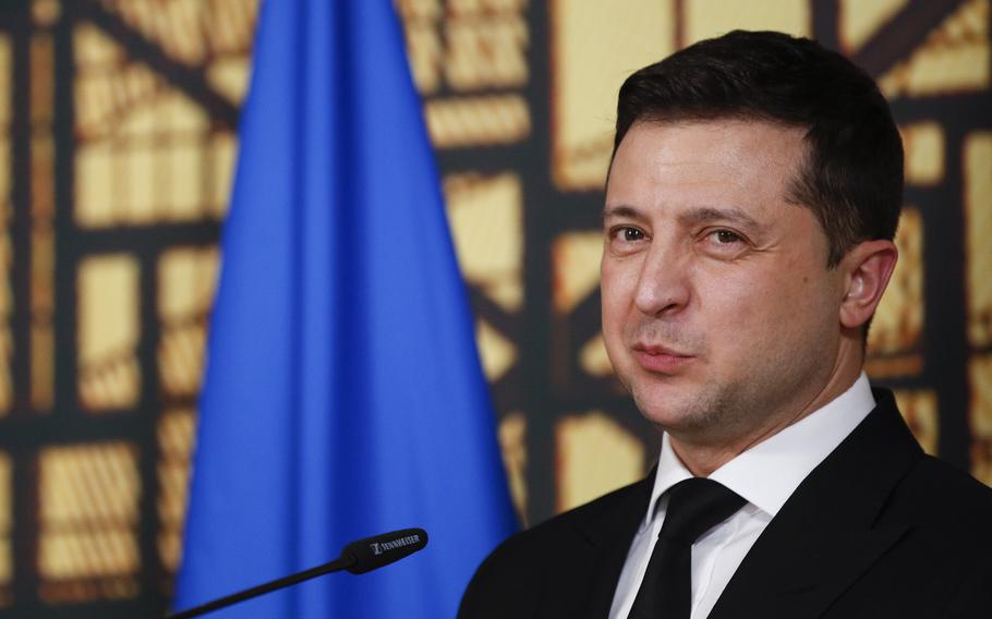 Ukraine’s President Volodymyr Zelenskyy speaks during a media conference at an Eastern Partnership Summit in Brussels, Wednesday, Dec. 15, 2021. European Union leaders meet with partner nations on its eastern borders on Wednesday, with the Russian military buildup on Ukraine’s border as the main point of focus.