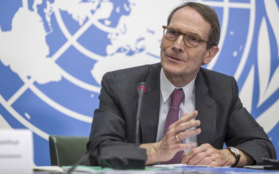 Erik Mose, Chair of the Independent International Commission of Inquiry on Ukraine, speaks about the release of comprehensive report by the UN Independent International Commission of Inquiry on Ukraine to the Human Rights Council, during a press conference at the European headquarters of the United Nations in Geneva, Switzerland, Thursday, March 16, 2023. 