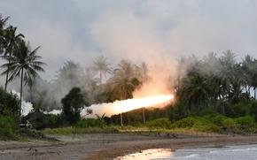 U.S. soldiers with the 5th Battalion, 3rd Field Artillery Regiment fire a High Mobility Artillery Rocket System, or HIMARS, from the west coast of Palawan, Philippines, April 28, 2025. 