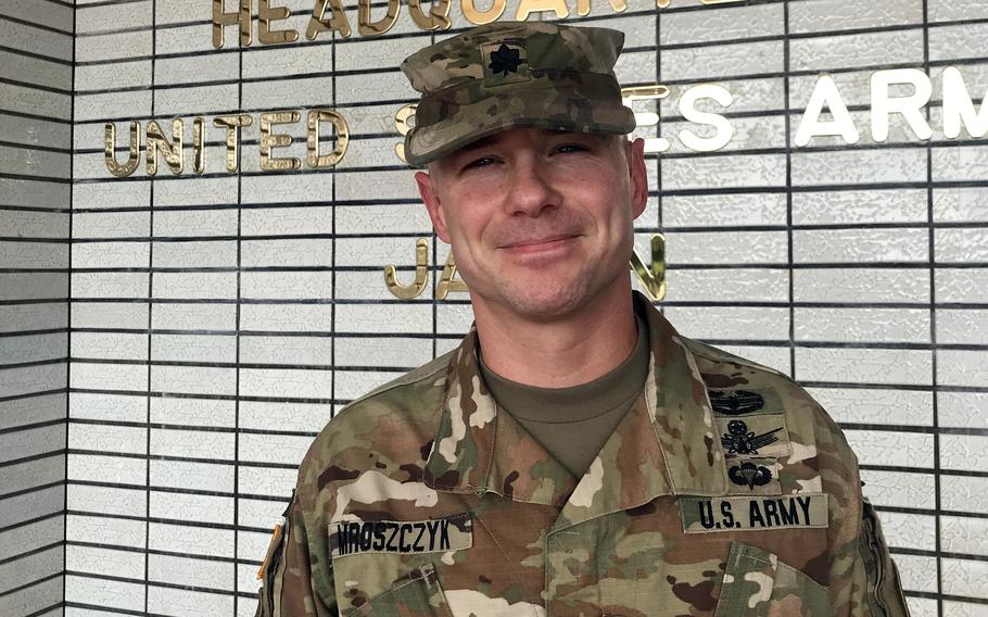 Army Lt. Col. Joseph Mroszczyk, commander of the 1st Multi-Domain Effects Battalion, poses at Camp Zama, Japan, Sept. 16, 2023.