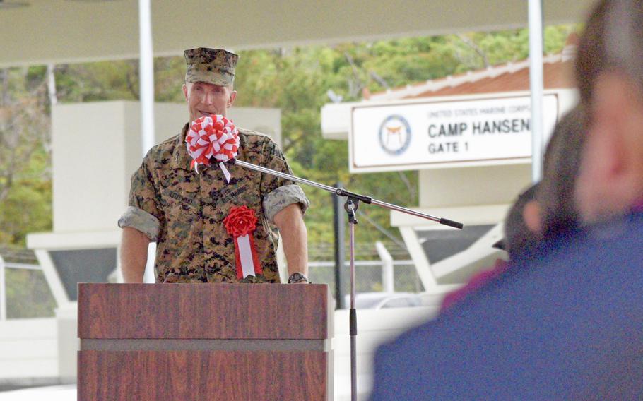 The Marine Corps dedicates a new $123 million main gate complex at Camp Hansen, Okinawa, Wednesday, March 22, 2023.